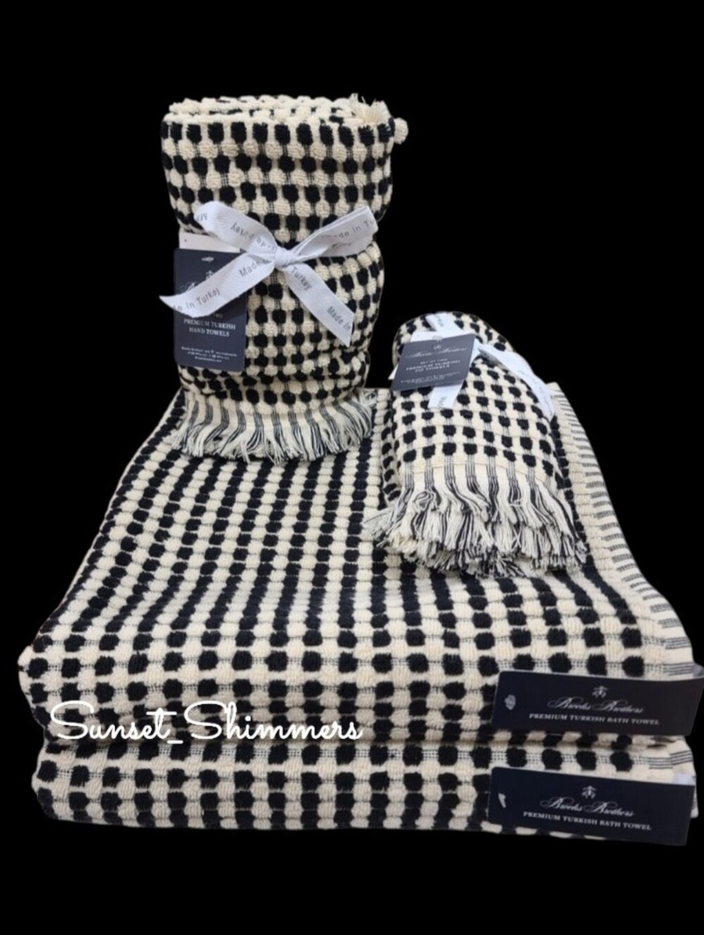 6pc BROOKS BROTHERS Black & Cream Gingham Check TURKISH Bath Hand Tip Towel Set